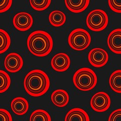 Seamless background of concentric circles in neon red colors on black