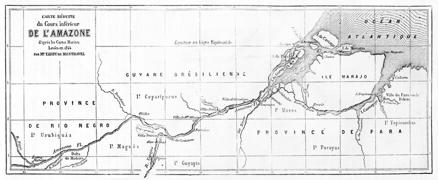Old horizontal oriented topographic map of Amazon river lower course and mouth, Brazil. Ancient grey tone etching style art by Erhard and Bonaparte, published on Le Tour du Monde, Paris, 1861