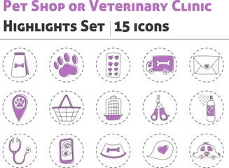 Vector set of icons, collection of covers for social media highlights, isolated on white background. Veterinary clinic or pet shop concept. Hand drawn style. 