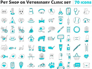 Big vector icon set, for veterinaryan clinics or pet shop websites. Hand drawn style. Dog, cat and different vet symbols, isolated on white background