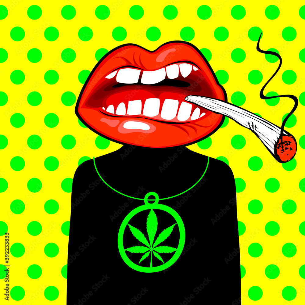 Poster banner with a character in the form of a man with a mouth smoking joint of marijuana instead of his 