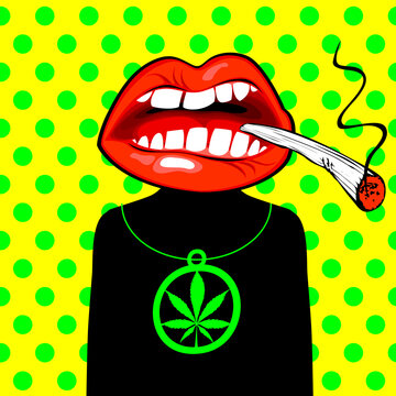 Banner with a character in the form of a man with a mouth smoking joint of marijuana instead of his head. Vector illustration on the cannabis theme in flat style on a yellow background with polka dots