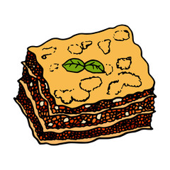 Lasagna italian traditional food. Hand drawn sketch style. Vector colorful illustration isolated on white background for restaurant menu and package design, poster, web.