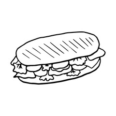 Panini italian traditional food. Hand drawn sketch style. Vector illustration isolated on white background for restaurant menu and package design, poster, web.