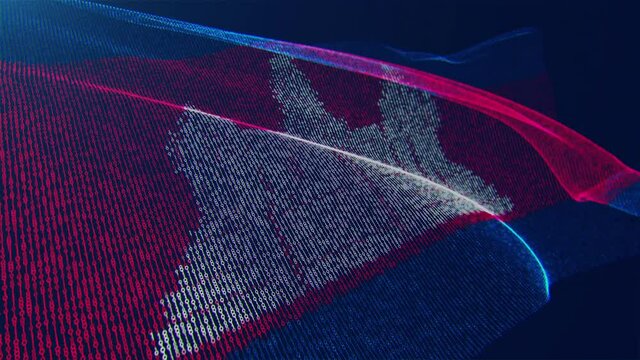 3d render. Cambodia digital flag with binary code texture flies in the wind. Seamless loop.