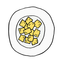 Ravioli italian traditional food. Hand drawn sketch style. Vector colorful illustration isolated on white background for restaurant menu and package design, poster, web.