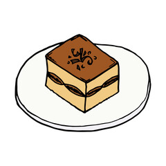 Tiramisu italian traditional food. Hand drawn sketch style. Vector colorful illustration isolated on white background for restaurant menu and package design, poster, web.