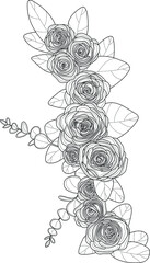 Realistic rose flower bouquet with eucalyptus leafs sketch template. Vector illustration in black and white for games, background, pattern, decor. Print for fabrics and other surfaces. Coloring paper
