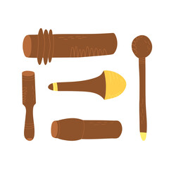 Various Tibetan signing bowl sticks or kansa healing wands set. Vector isolated illustration.