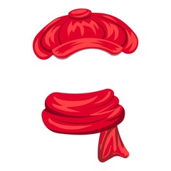 Cozy hat and scarf icon. Cartoon of cozy hat and scarf vector icon for web design isolated on white background