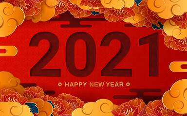 Happy New Year 2020. Chinese New Year. china red round Flowers and clounds on red background. Paper cut art