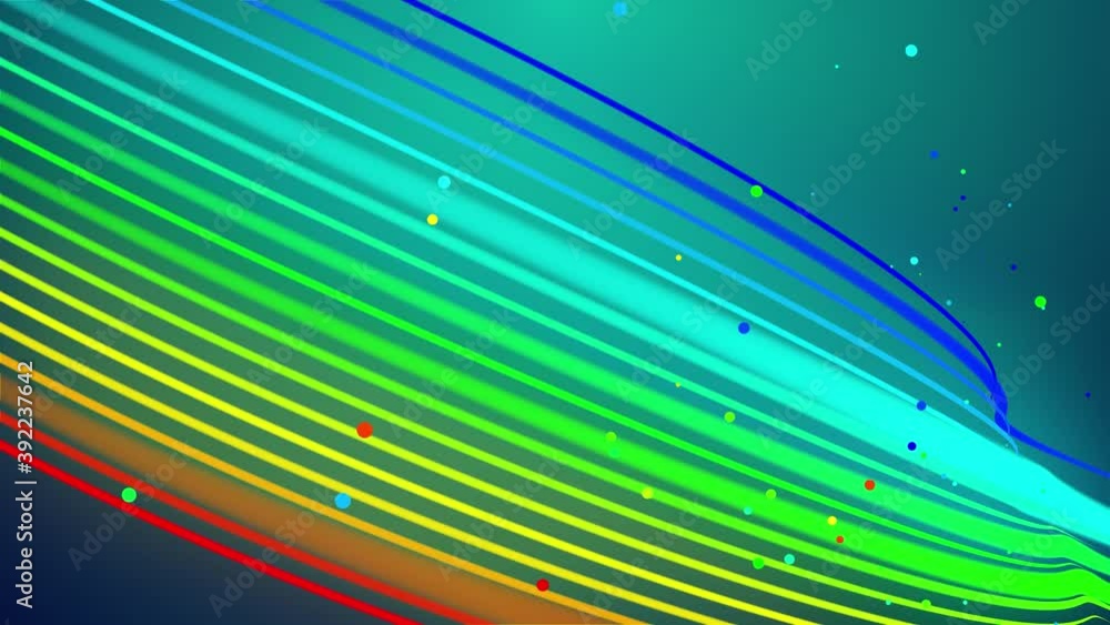 Poster rainbow color glow lines fly in air, smoothly oscillation and wave. 3d abstract looped creative back