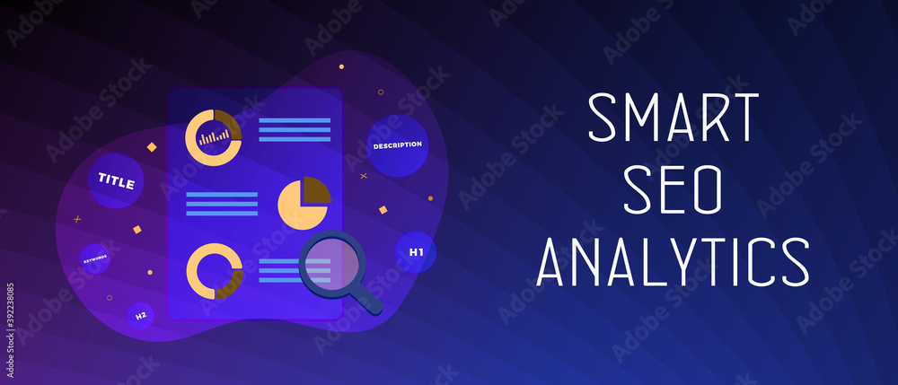 Poster smart seo analytics horizontal concept. on-page search engine optimization with website analytics an