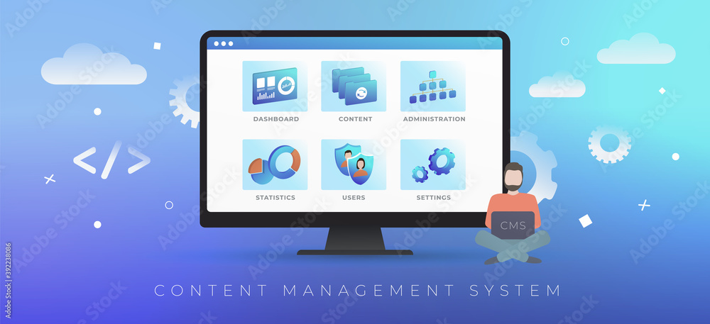 Poster cms - content management system concept. web site management software, edit and change design, admin
