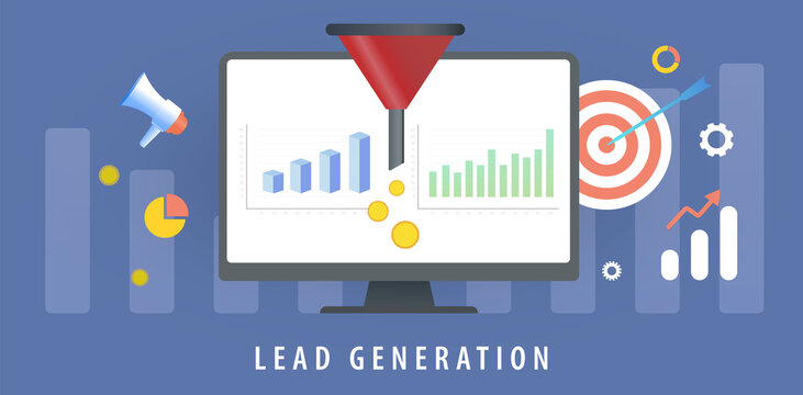 Lead Generation with sales funnel concept for generating new business leads. Target Audience to increase revenue growth and online sales optimization. Increasing conversion rates marketing strategy. 