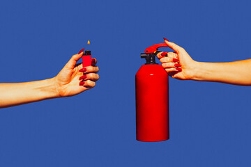Hands with fire extinguisher and white lighter. Modern art collage in pop-art style isolated on...