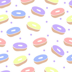 Seamless pattern. Donuts with colorful glaze. Vector. Decor element. Suitable for wrapping paper, postcards, wallpapers or textiles.