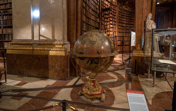 Vienna, Austria - 29.01.2020: Interior of the Austrian National Library located in the Neue Burg Wing of the Hofburg palace. State Hall or the Prunksaal. Osterreichische Nationalbibliothek