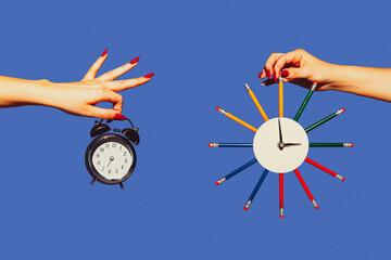 Time lost. Modern art collage in pop-art style. Hands isolated on trendy colored background with copyspace, contrast. Modern design with copyspace for advertising. Trendy colors.