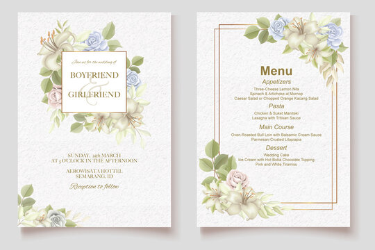Floral wedding invitation and menu template