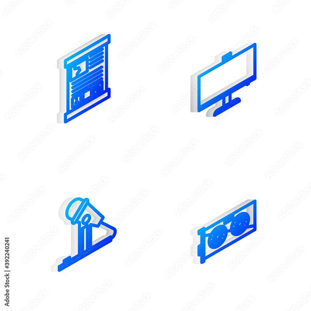 Poster set isometric line computer monitor, game guide, microphone and video graphic card icon. vector.