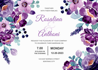 Wedding invitation card with purple floral watercolor. purple frame with watercolor