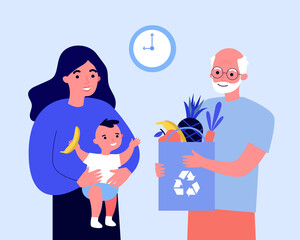 Grandpa giving bag of fruit to new mom and baby. Healthy food, organic product flat vector illustration. Family, parents, parenthood concept for banner, website design or landing web page