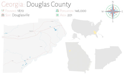 Obraz premium Large and detailed map of Douglas county in Georgia, USA.
