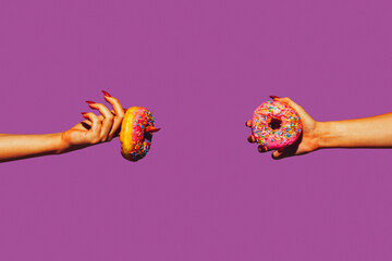 Donuts. Modern art collage in pop-art style. Hands isolated on trendy colored background with copyspace, contrast. Modern design with copyspace for advertising. Trendy colors.