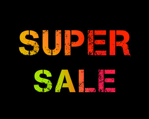 Super sale colored rainbow letters. Super sale black background. Stencil colorful letters.