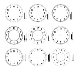 Set of dial and separated clock hands. Classic and modern clock faces collection. Vector illustration