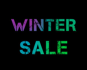 Winter sale colored rainbow letters. Winter sale black background. Iridescent bright colors.