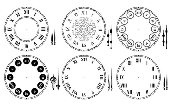 Set of dial and separated clock hands. Classical clock faces with Roman numerals collection. Vector illustration