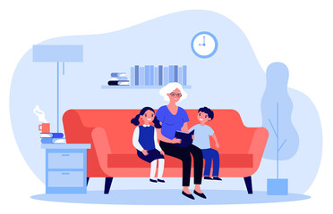Grandma reading fairytale to kids. Senior lady with book and children at home flat vector illustration. Family, grandparents, literature concept for banner, website design or landing web page