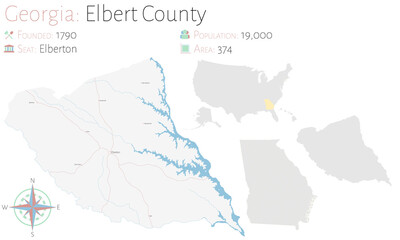Large and detailed map of Elbert county in Georgia, USA.