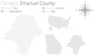 Large and detailed map of Emanuel county in Georgia, USA.