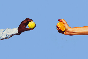 Orange and tennis ball. Modern art collage in pop-art style. Hands isolated on trendy colored background with copyspace, contrast. Modern design with copyspace for advertising. Trendy colors.