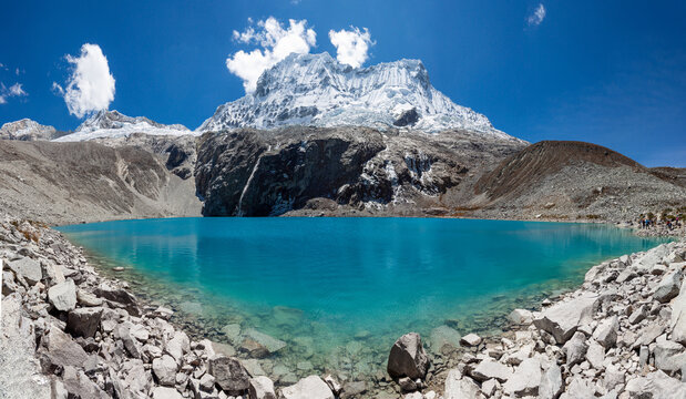 Panoramic view to the famous lake 69 inside the huascaran national park in the region of Ancash - Peru