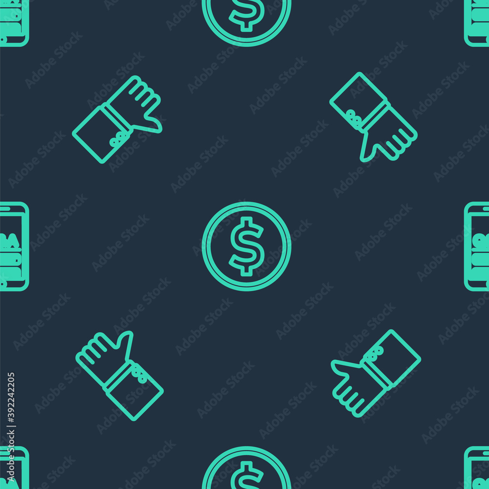Poster set line coin money with dollar, dislike and mobile question and exclamation on seamless pattern. ve