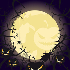 Halloween background with full moon, evil pumpkins and sinister branches. Vector illustration.