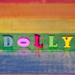 inscription dolly on background of lgbt flag made of wood
