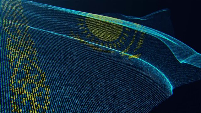 3d render. Kazakhstan digital flag with binary code texture flies in the wind. Seamless loop.
