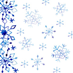 Hand-dawn watercolor winter greeting card with snowflakes on the side
