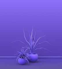 group of plants and flowers in plain single color purple, magenta empty interior room for copy space and poster frame backgrounds. 3D rendering