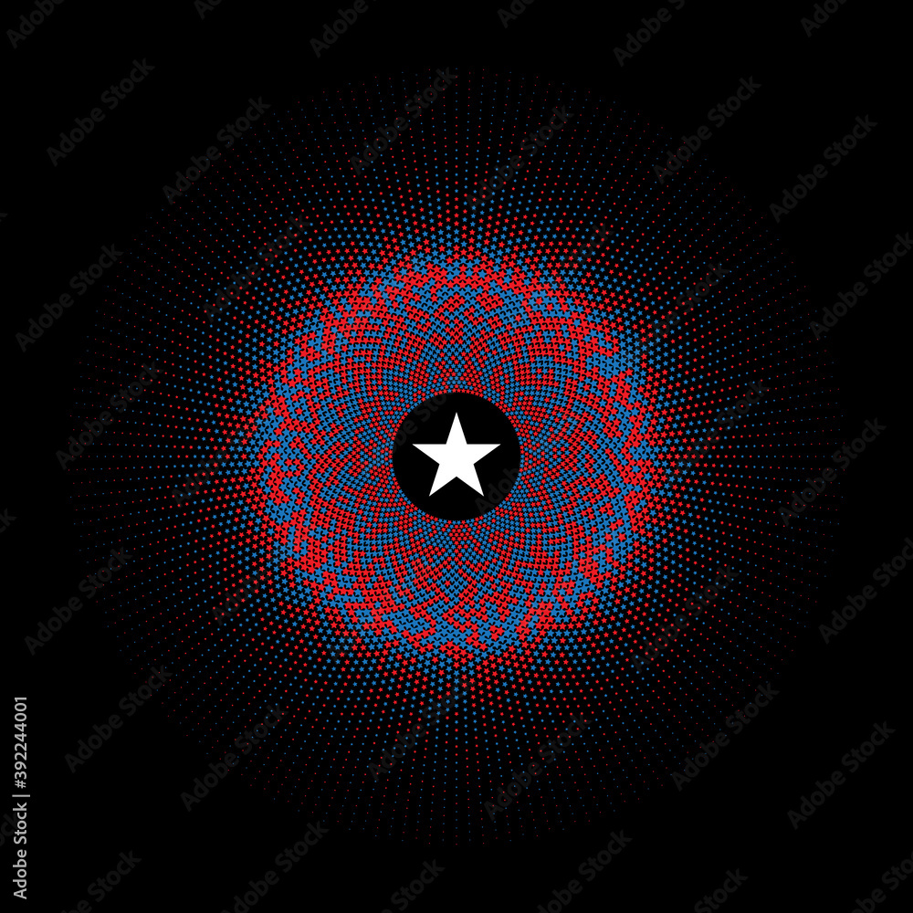 Poster sun image with stars with halftone effect in red and blue colors over black background