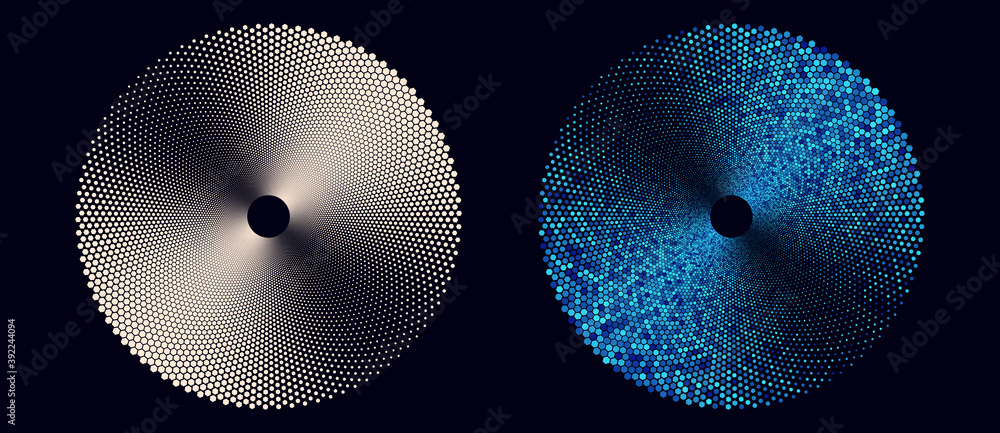 Poster circle of hexagons. halftone effect with glitter.