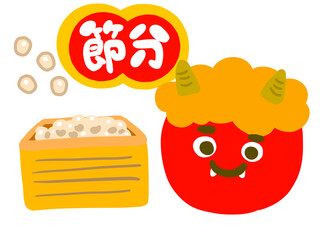 かわいい赤鬼の顔と豆　節分ロゴ豆まき