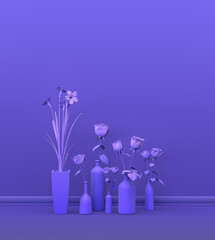 multiple plants front of a solid color wall in violet room for copy space and picture frame backgrounds. 3D rendering