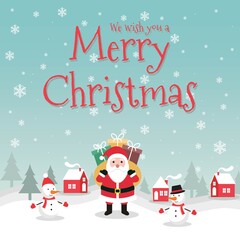 Merry Christmas vector Illustration background.  include Snow man wearing Hat scarf and winter glove, santa, tree, snow, etc. good for banner, card, book, gift, and happiness