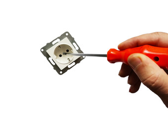Electrical outlet. Electrical outlet parts. Screwdriver. Putting the plug in the socket. White...